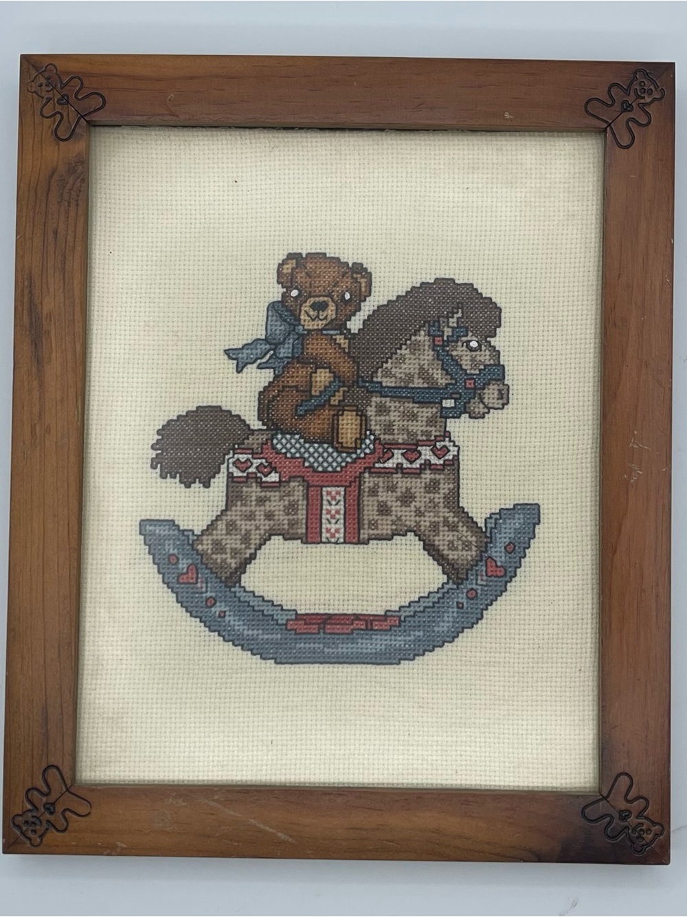 Vintage Cross stitch Teddy Rocking horse with custom Teddy Bear Frame 9.5”X11.5”